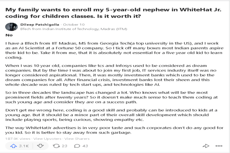 Another IIT Alumni Bashed #Whitehatjr, Calls It Garbage and Suggests Parents Keep Their Kids Away
