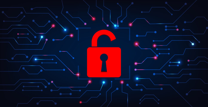 Cyber Security Destroyed Concept.padlock Red Open On Electric Ci